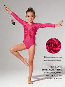 Sparklyn 1pc Girls' Fuchsia Butterfly Print Gymnastics Leotard, Professional Training & Competition, 3/4 Sleeve, Suitable For All Seasons Fall Winter - Hot Pink - View 1