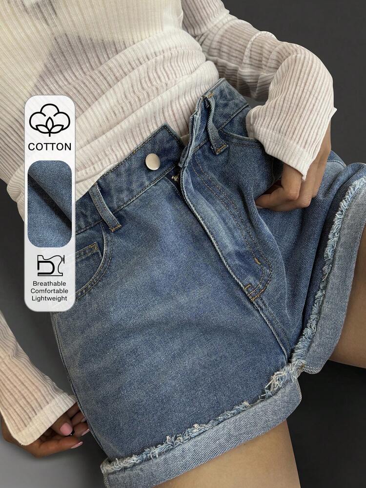 Women's Casual Solid Color Frayed Hem Denim Shorts, Summer