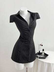 Elamini 女士连衣裙，V领褶皱黑白条纹衬衫裙，条纹职业装，复古女士办公室工作服，女士正装，女士工作连衣裙，女士细条纹连衣裙，女士套装 - 黑色 - 查看 4