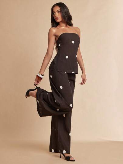 Silquee Women's Polka Dot Strapless Top And Wide-Leg Pants Two-Piece Set. This Casual Two-Piece Set Is Perfect For Romantic Dates And Beach Vacations, Making It The Ideal Choice For Spring And Summer Outings. The Fitted Waist Design Makes It Perfect For Summer Parties, Dates, Or Ladies' Vacations.