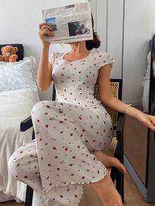 Dream Adore 女士睡衣套装，罗纹碎花图案，荷叶边装饰，飘逸袖口 - 杏色 - 查看 7