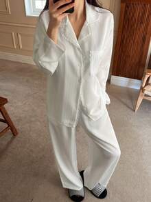 DAZY Bộ đồ ngủ nữ dáng rộng, thanh lịch, chất liệu satin jacquard kẻ sọc và ren phối hợp, thích hợp cho kỳ nghỉ hè. - trắng - Xem 6