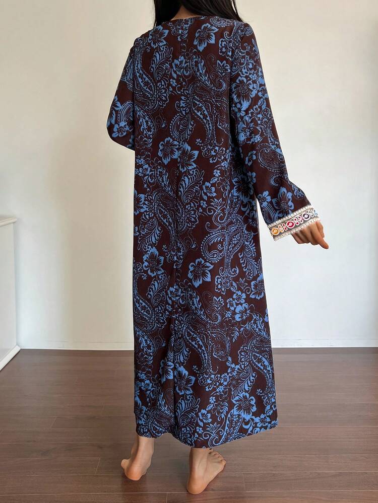 Colorful Lace Patchwork Loose Long Sleeve Dress, Suitable For Summer And Spring, Women Sleepwear Dress
