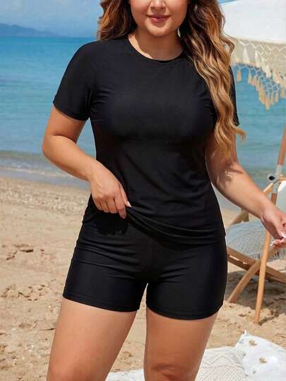 Swim SPRTY Plus Size Women Solid Color Raglan Sleeve Shorts Casual Tankini Set For Beach Vacation