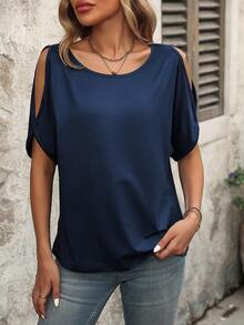 EMERY ROSE Women's Solid Color Round Neck Casual Versatile Daily Wear T-Shirt - Navy Blue - View 4