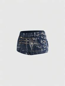 ROMWE Grunge Punk Shorts vaqueros mini de tiro bajo con patrón de ancla de remaches metálicos estilo náutico punk desgastado - Azul lavado oscuro - Ver 5
