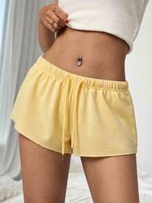 Comfortcana 大码纯色弹力腰宽松休闲百搭短裤，柔软舒适，适合春夏穿着，黄色 - 黃色 - 查看 2