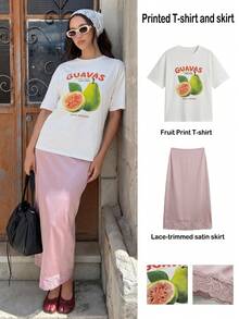 MainGRL Women's Summer Casual White Fruit Print Loose T-Shirt And Pink Satin Lace Patchwork Skirt 2-Piece Set, Vacation Holiday Outfits For Women - White - View 6
