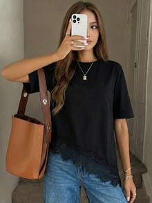 Teen Girls' Kids Casual Solid Black Lace Patchwork Asymmetrical Hem Loose Short Sleeve T-Shirt, Spring/Summer Black Top - Black - View 4
