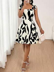 SHEIN Lady Đầm ngắn dự tiệc thường ngày in họa tiết lá dành cho nữ - Nhiều màu - Xem 5