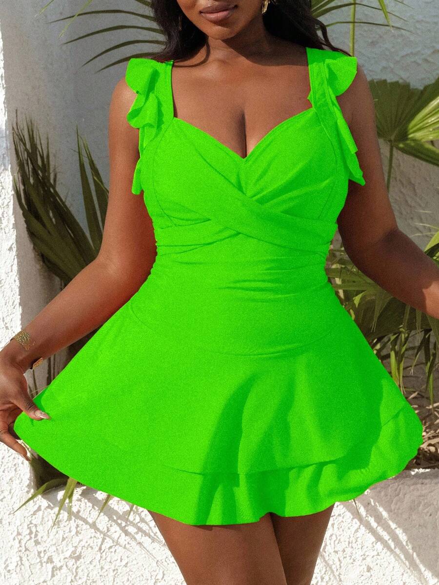 Slaydiva Plus Size Women Solid Color Strap Flounce Criss-Cross Front Swimwear Set - Green - View 1