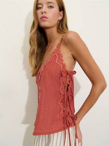 Nöista Terracotta Top With Ornate Lace Trim Along The Neckline And Center Panel. Adjustable Side Tie Details With Customizable Fit. Perfect For Date Nights, Spring, Summer, Holiday Vacation Look. - Coral Orange - View 4