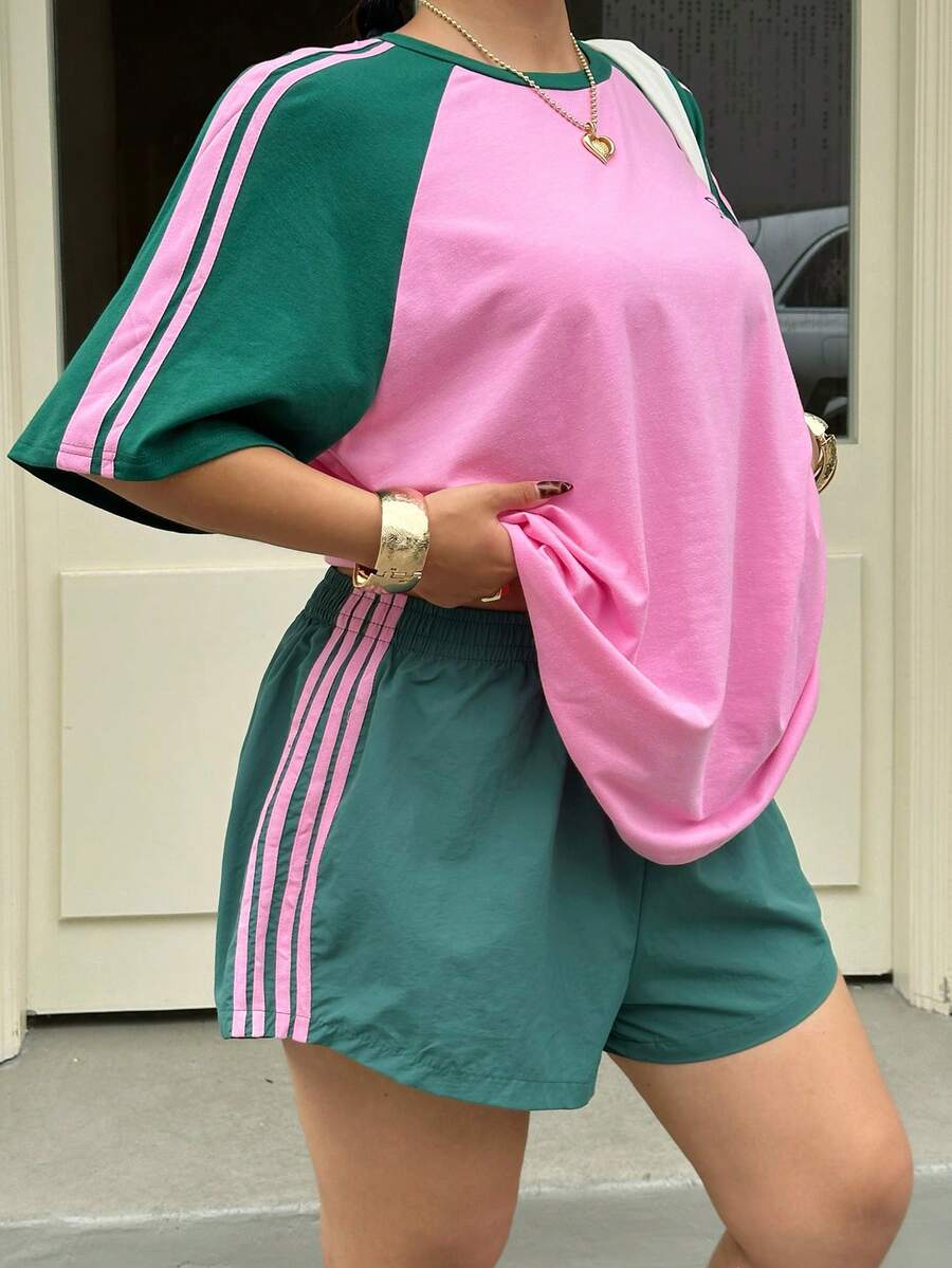 Muchica Plus Size Women Pink Pastel Pink Raglan Sleeve T-Shirt And Shorts Casual 2 Pieces Set Office Workout Summer - Multicolor - View 1