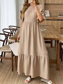 EMERY ROSE Women's Casual Vacation Outdoor & Indoor Round Neck Ruffle Bow Tie Short Sleeve High Waist A-Line Long Dress, Spring/Summer - Khaki - View 3