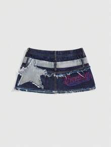 ROMWE Avant Minifalda ajustado sexy de cintura baja con falda de mezclilla desconstructiva y bordado de logotipo con eslogan - Azul lavado oscuro - Ver 2