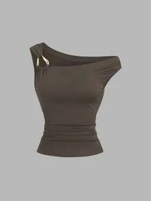 Sweetra 2pcs/Set Asymmetric Collar Fitted T-Shirt, Versatile Casual Top, Spring/Summer - Multicolor - View 3