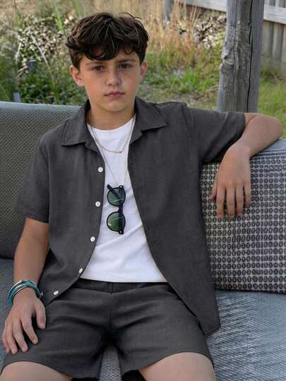 Teenage (Boys) Spring/Summer Casual Vacation Gentleman Red Short Sleeve Shirt & Shorts 2 Pieces Set