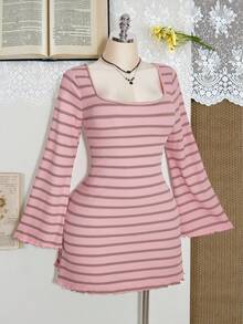 SHEIN ICON Plus Size Colorful Striped Backless Flare Sleeve Knit Dress - Pink - View 7
