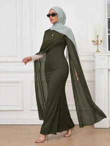 Calvaya Elegant Gathered Waist Bodycon Oblique Shoulder Ruched Sheer Flowy Sleeve Split Dress, Knit Stretchy Red Women's Gown, Formal Party Occasion Autumn/Winter - Green - View 5