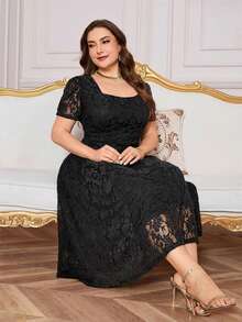 SHEIN Clasi Plus Size Elegant Lace Waist Puff Sleeve Dress, Summer - Black - View 10