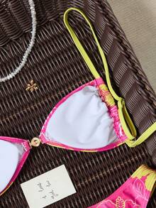 SHEIN Swim Mod 女士休闲度假沙滩派对粉色碎花印花吊带三角杯比基尼两件式泳衣 - 彩色 - 查看 5