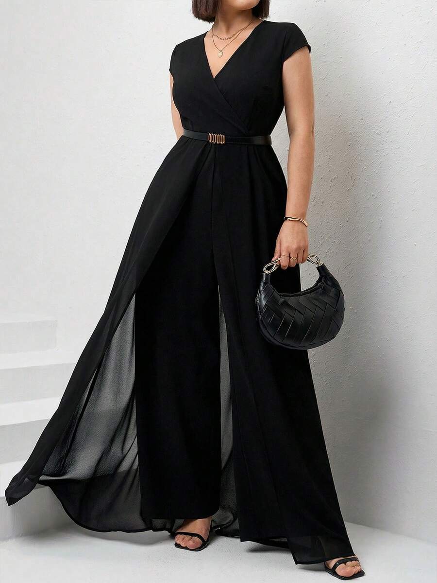 SHEIN Clasi Plus Size Women's Elegant Chic Minimalist Solid Color V-Neck Dolman Sleeve Backless Wide Leg Jumpsuit, No Belt Included, Spring/Summer Black Jumpsuit For Women Elegant Jumpsuit Formal Wear Elegant Outfits For Women Busniess Formal Outfits For Women Black Dresses For Ladies Formal Evening - Black - View 1