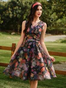 Vestido de mujer elegante vintage, vestido de verano/primavera con ajuste, estampado floral y cuello en V sin mangas, vestido con dobladillo de paraguas floral rosa - Negro - Ver 3