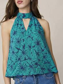 Nöista Sleeveless Halter Top Features A Purple, Dark Pinrk Floral Pattern With A High Neckline And Keyhole Front Detail. Spring, Summer, Women. - Green - View 4