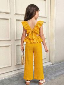 SHEIN Bộ 2 món thời trang dễ thương cho bé gái, gồm áo sơ mi cổ bèo nhún thắt nơ sau lưng và quần ống rộng dệt kim. - Màu vàng - Xem 3
