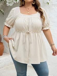 SHEIN CURVE+ Áo kiểu nữ cỡ lớn màu trơn cổ tim tay ngắn cánh hoa thắt eo - Nhiều màu - Xem 4