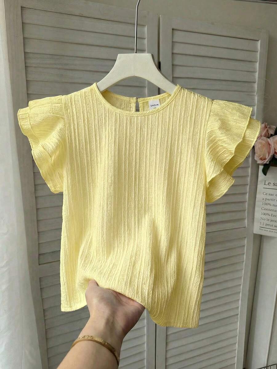 SHEIN Áo thun cổ tròn tay bồng chất liệu vải dệt họa tiết, màu vàng, dành cho bé gái tuổi teen. - Màu vàng - Xem 1