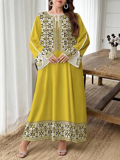 SHEIN Najma Vestido de talla grande con estampado geométrico vintage, vestido largo suelto con diseño de escote en V y lazo, vestido maxi elegante de manga larga para primavera/verano con ribete blanco