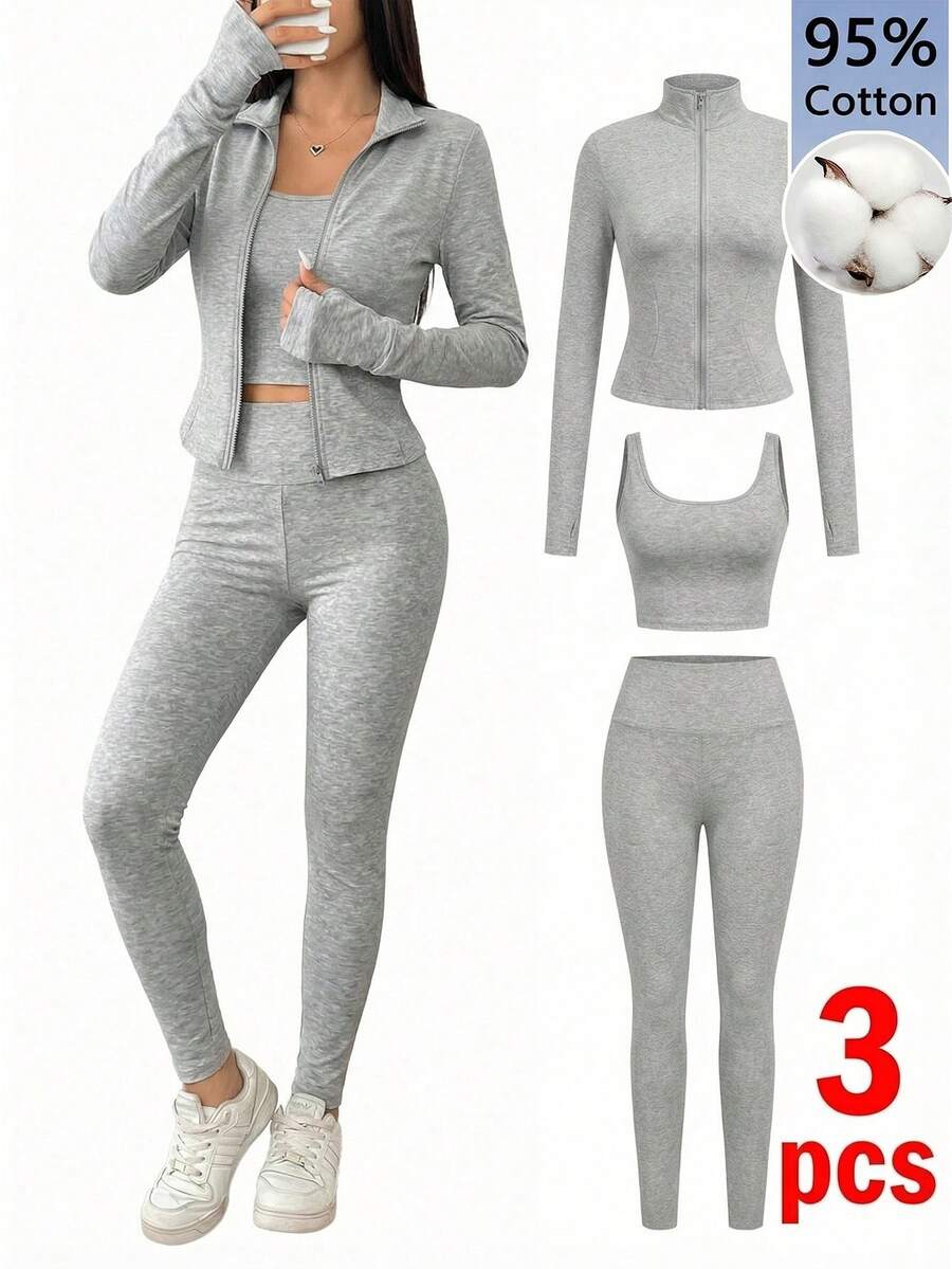 SHEIN EZwear 女士灰色花卉针织长袖上衣和紧身裤运动套装 - 彩色 - 查看 1