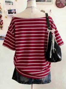 Lalippa 女士休闲条纹露肩T恤，夏季 - 白色 - 查看 2