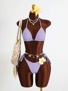 Zestiva Bộ 3 món: Áo tank-ini hai dây lưới in hoa và màu trơn cho kỳ nghỉ hè, áo bikini tam giác và quần bơi buộc dây bên hông, bộ đồ bơi tankini gợi cảm dành cho nữ. - Màu tím - Xem 3