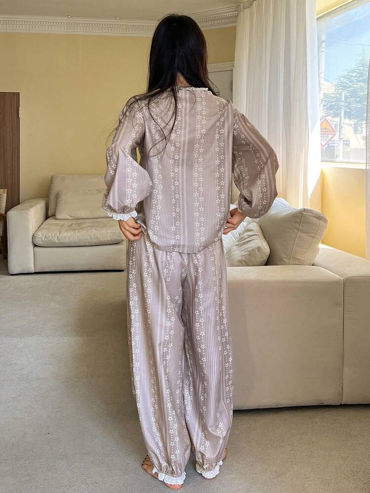 Cute Country Style Star Striped Lace Ruffle Trim Loose Women Pajama Set