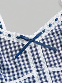 ROMWE Kawaii Plus Size Plaid Ruffle Trim Fitted Camisole Tank Top, Vacation For Women - Royal Blue - View 2