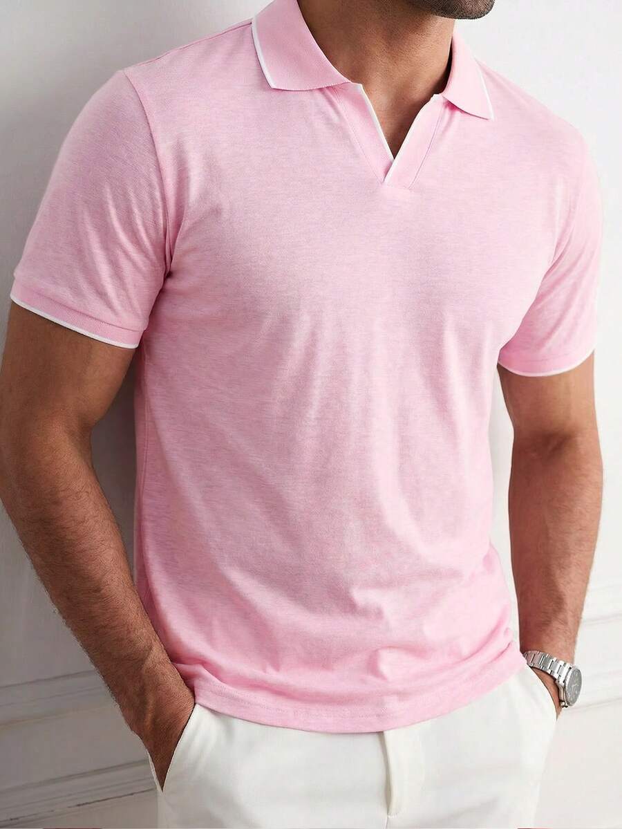 Manfinity Mode 男士短袖Polo衫，适合外出、聚会和度假穿着 - 粉色 - 查看 1