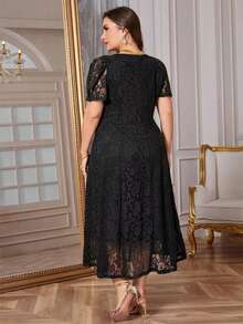SHEIN Clasi Plus Size Elegant Lace Waist Puff Sleeve Dress, Summer - Black - View 4