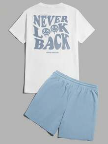 SWAVVY Conjunto de verano para parejas con camiseta con eslogan y gráfico de dibujos animados, y pantalones cortos con cordón en la cintura - Azul y blanco - Ver 3