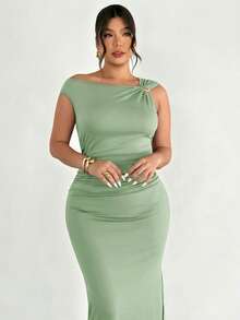 Firerie Plus Size Comfortable Casual Elegant Vacation/Office Commute Sleeveless Dress, Metal Decor Gathered Waist Slim Fit A-Line With Slit, Spring/Summer - Limelight Green - View 1