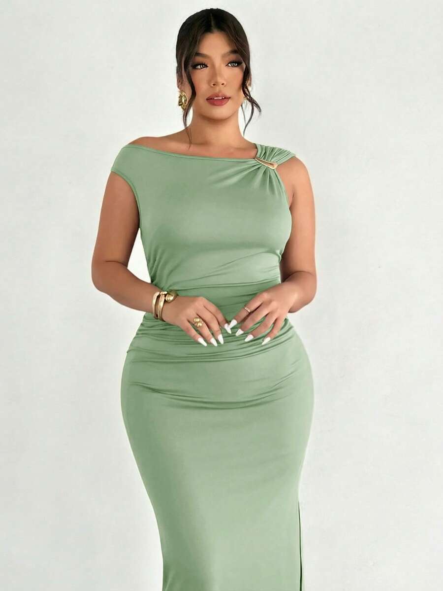 Firerie Plus Size Comfortable Casual Elegant Vacation/Office Commute Sleeveless Dress, Metal Decor Gathered Waist Slim Fit A-Line With Slit, Spring/Summer - Limelight Green - View 1