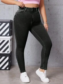 SHEIN EZwear Damen Jeans in Große Größen, Lässig Daily Commute Mode, Street Chic Minimalismus, Hoher Bund, Skinny Fit - Schwarz - Übersicht 6