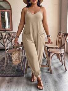 EMERY ROSE Women's Casual Sleeveless Jumpsuit With Pockets, Solid Color, Summer Gym Brown - Khaki - View 6