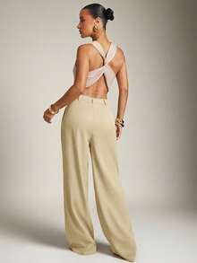 SHEIN Haute Summer Business Office Solid Casual Pleated Loose Pants - Beige - View 5