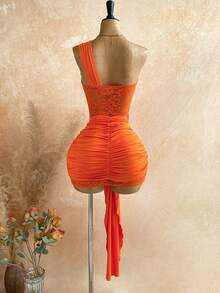 Soleia Women's Sexy Bandage Beach Vacation Solid Color Shoulder Splice Sheer Lace Ruffle Fitted Mini Dress, Summer Dresses For Women Orange Red - Orange - View 2
