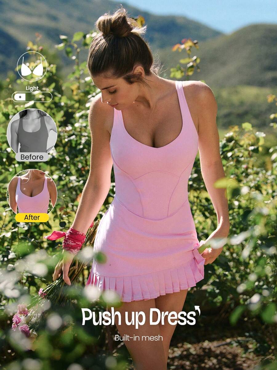 GLOWMODE FeatherFit™-Air Double Time Buttery-Soft Sweat-Wicking Pleated Mini Skirt With Built-In Shorts Side Pockets Non Slip Grips Tennis Golf Pickleball - Pink - View 1