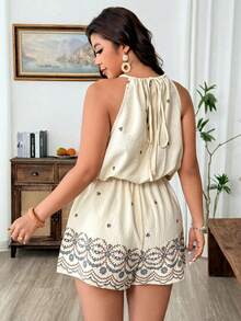 Weeklong Mono de verano con estampado, elegante y casual, con cuello de lazo, para vacaciones y uso diario, con estilo retro francés - Albaricoque - Ver 2