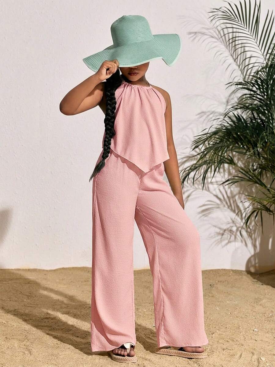 SHEIN Tween Girl Vacation Casual Woven Solid Color Halter Top And Wide Leg Pants Set - Pink - View 1