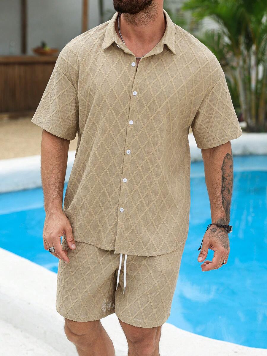 VENTUSAIL Men's Casual Textured Short Sleeve Shirt Set - Khaki - View 1